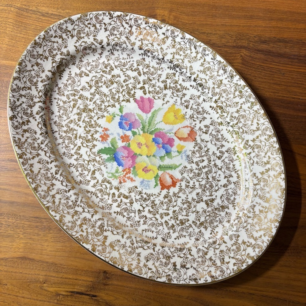 H&K Tunstall Old English Sampler 1940s china serving platter